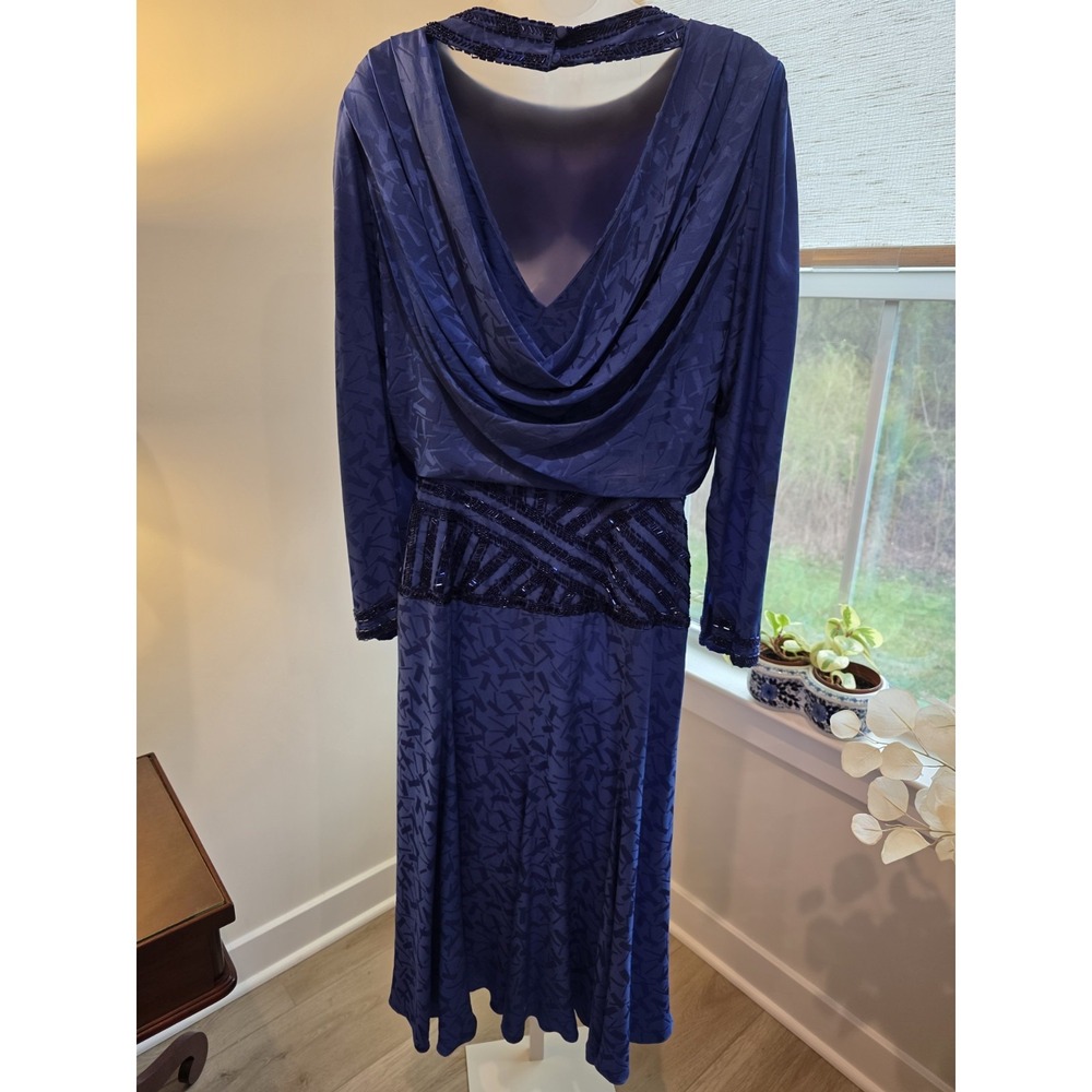 Vintage 80s Satin Print Royal Blue Maxi Cocktail Dress Open Back Sz.8/10 (M) - Picture 13 of 15